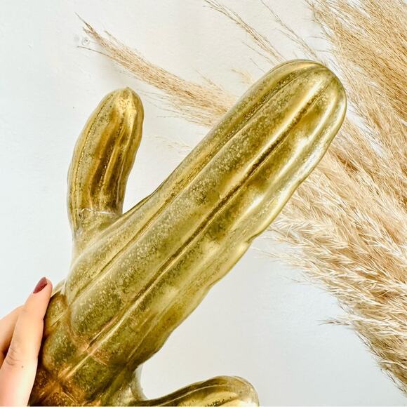ANTHROPOLOGIE Textured Brass Gold Ceramic Saguaro Cactus Figurine Accent Decor - Picture 9 of 14